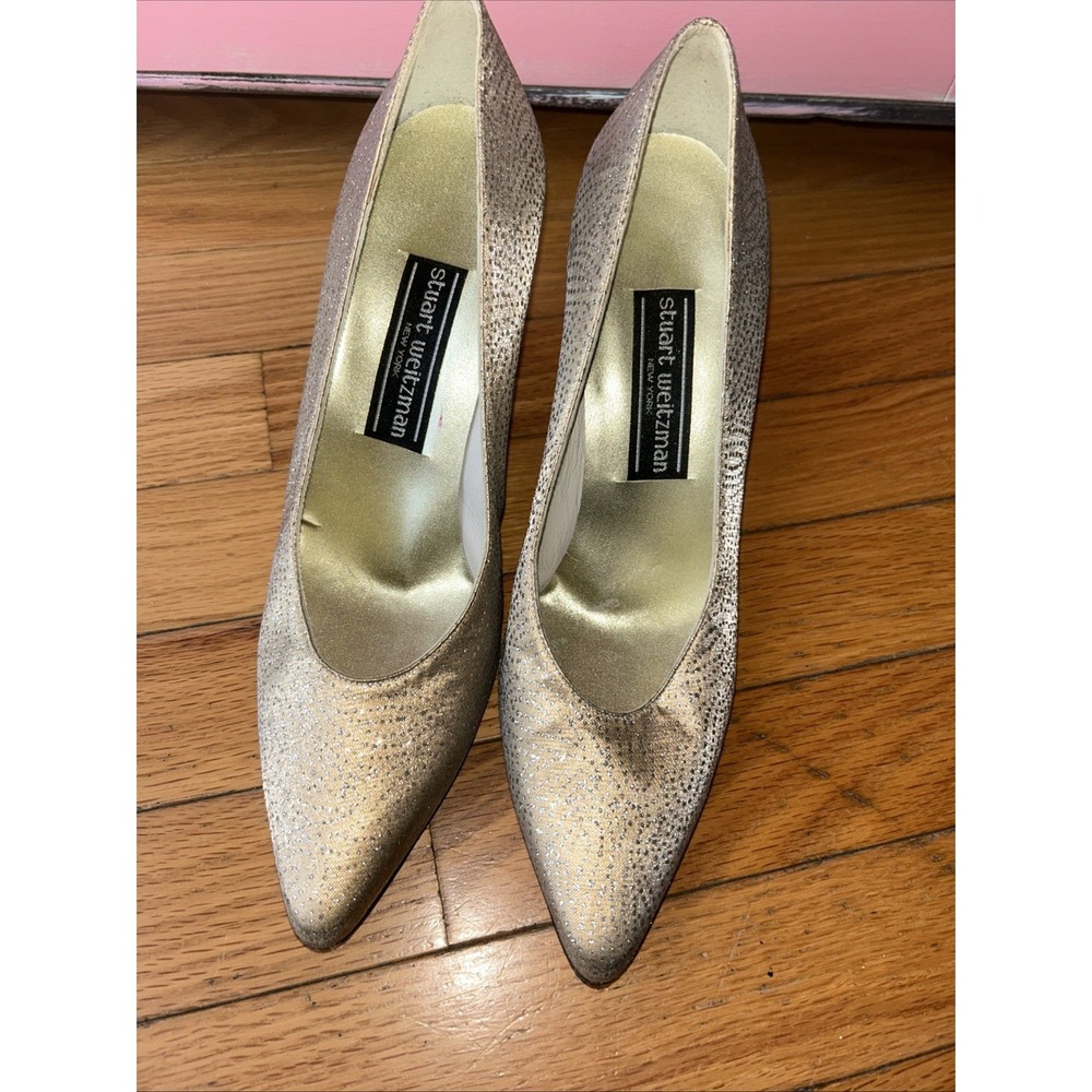 Vintage 80s Gold Silver Glitter Pumps Stuart Weitzman Pointy Toe‎ 6.5 Ladies